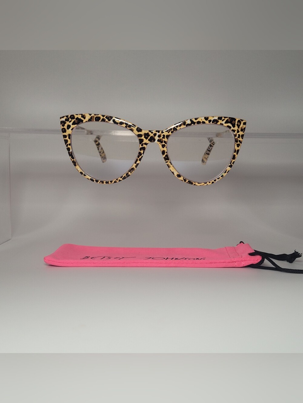 Betsey Johnson Leopard Cateye Blue Light Non Prescription Glasses 0.0 Pink Pouch